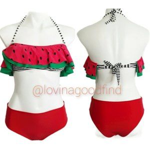 OP Ruffle Watermelon Red Green Halter Ruffle Bikini TOP EUC sz L